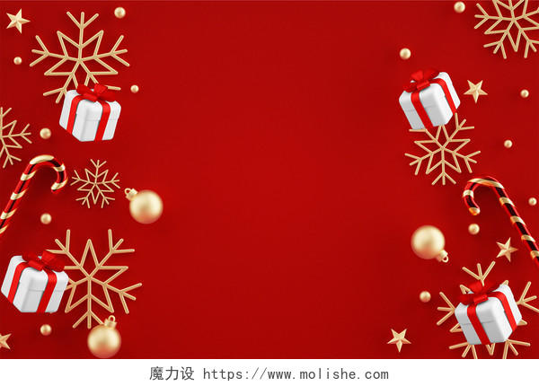 红色创意3D立体圣诞节圣诞礼包雪花拐杖背景C4D圣诞节礼盒